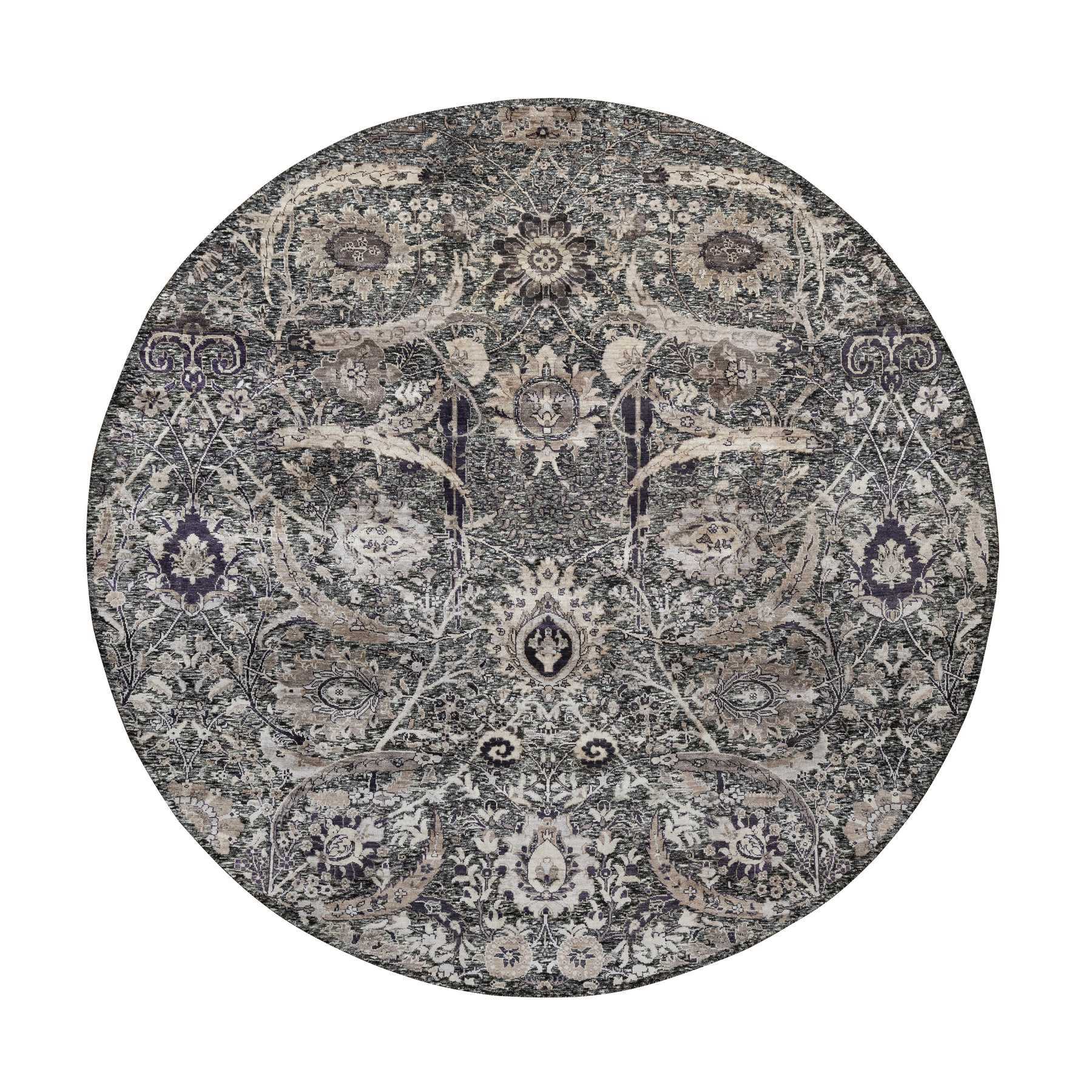 10'x10' Charcoal Black, Wool and Silk, Hand Knotted, Sickle Leaf Design With Essence Of Black, Plush and Lush Soft Pile, Round Oriental Rug 